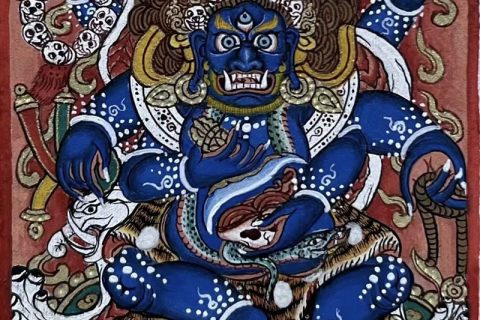 编号118-1624783：彩绘小唐卡-六臂玛哈嘎拉（长方形·5*4CM左右）