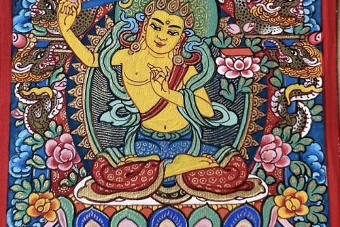 编号118-4081030：彩绘小唐卡-文殊菩萨（长方形·5*4CM左右）