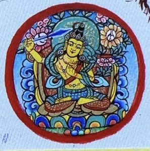 编号118-5628990:彩绘小唐卡-文殊菩萨(圆形·直径3CM左右)
