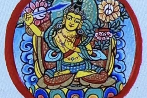 编号118-5628990：彩绘小唐卡-文殊菩萨（圆形·直径3CM左右）