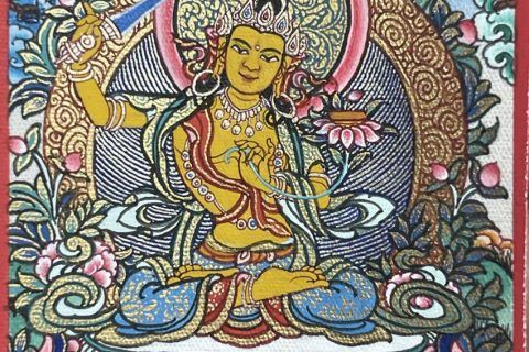 编号118-5705690：彩绘小唐卡-文殊菩萨（长方形·5*4CM左右）