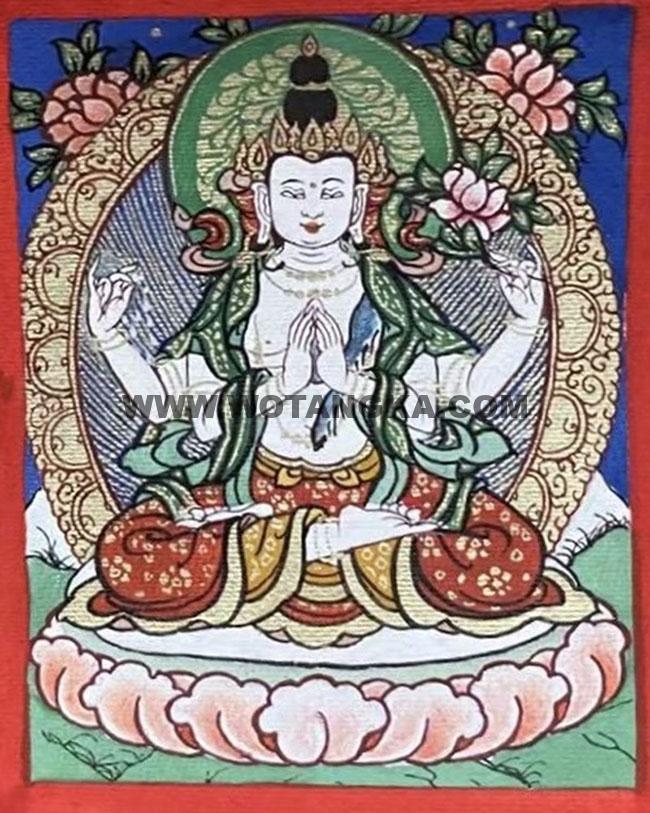 编号118-6979420：彩绘小唐卡-四臂观音（长方形·5*4CM左右）