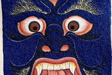 编号118-8637244：蓝金小唐卡-六臂玛哈嘎拉·佛头（长方形·5*4CM左右）