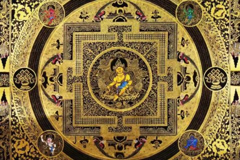 编号138-112550：黑金唐卡-黄财神·五方财神坛城（100*100CM左右）