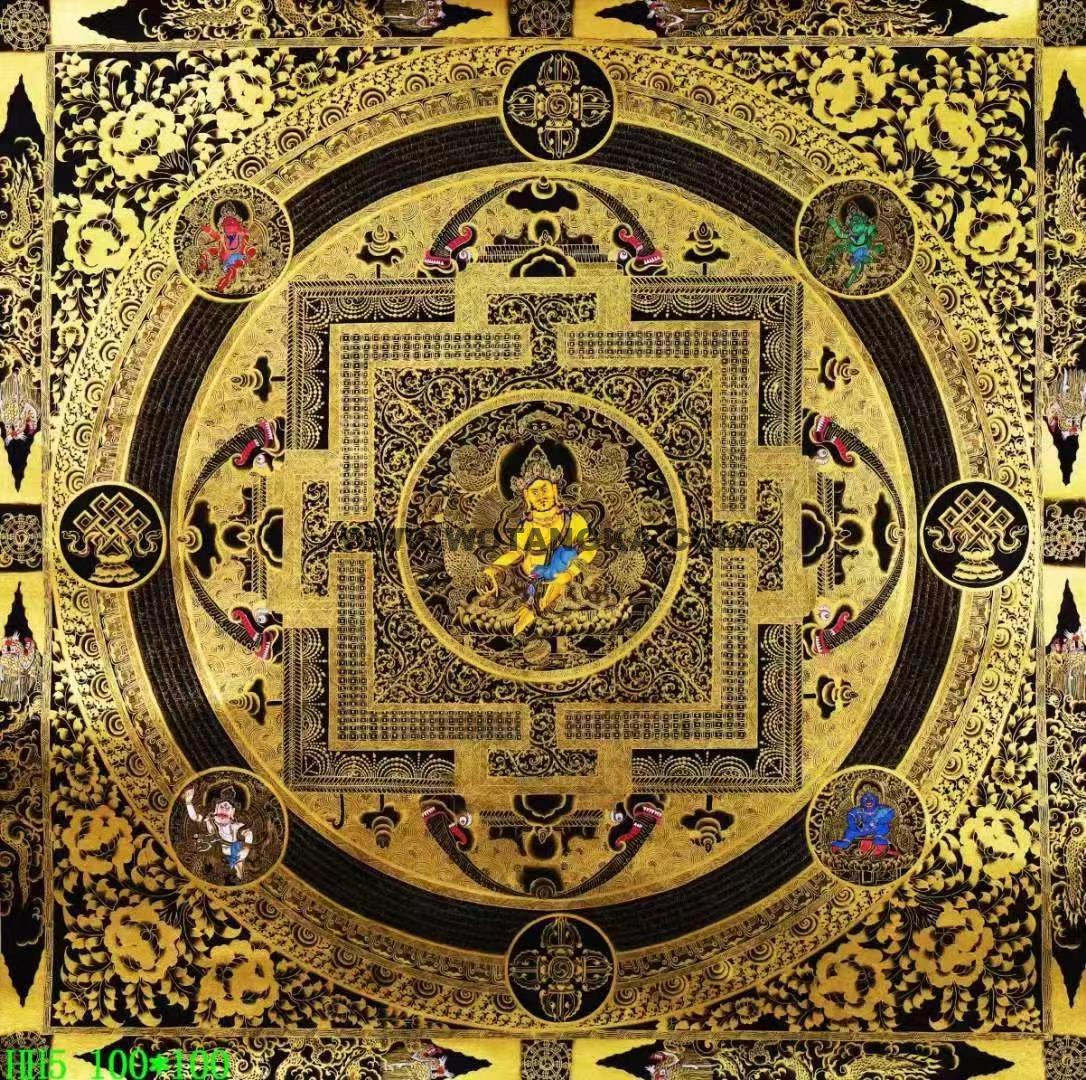 编号138-112550：黑金唐卡-黄财神·五方财神坛城（100*100CM左右）
