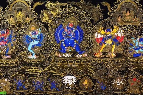 编号138-263051：黑金唐卡-大威德金刚·五大金刚本尊（83*150CM左右）