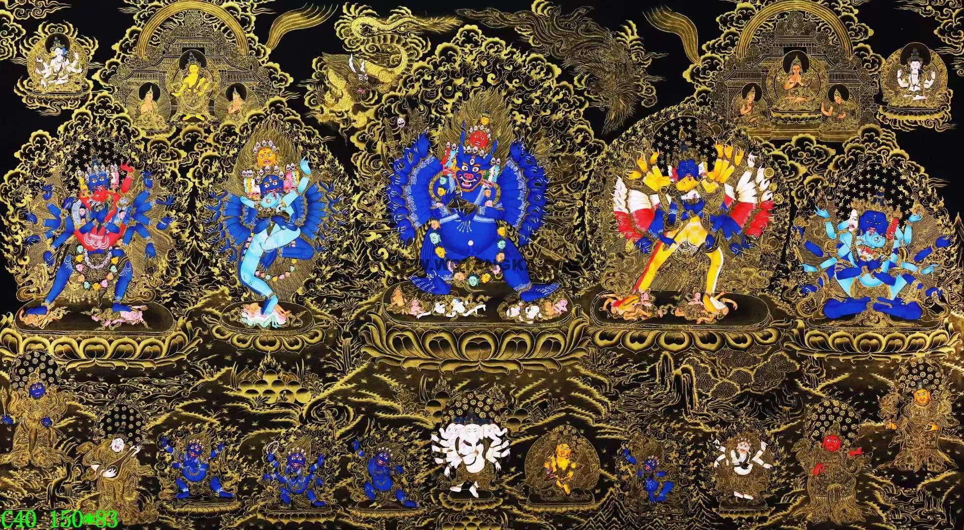 编号138-263051:黑金唐卡-大威德金刚·五大金刚本尊(83*150CM左右)