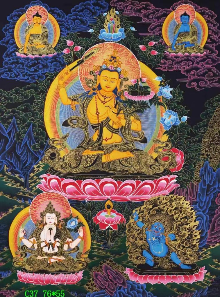 编号138-380141：黑金唐卡-文殊菩萨·三怙主（76*55CM左右）