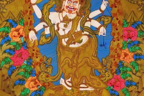 编号138-466119：黄金唐卡-白六臂玛哈嘎拉·五方财神（75*50CM左右）