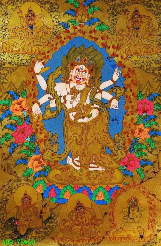 编号138-466119：黄金唐卡-白六臂玛哈嘎拉·五方财神（75*50CM左右）