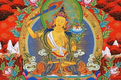 编号138-943559：彩绘唐卡-文殊菩萨·三怙主（76*54CM左右）