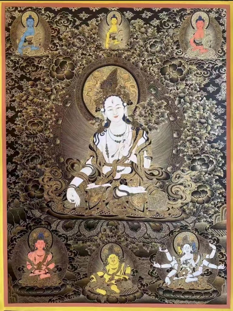 唐卡寄卖编号：JM·188-152997-白度母三尊三世佛财富吉祥供养图（黑唐