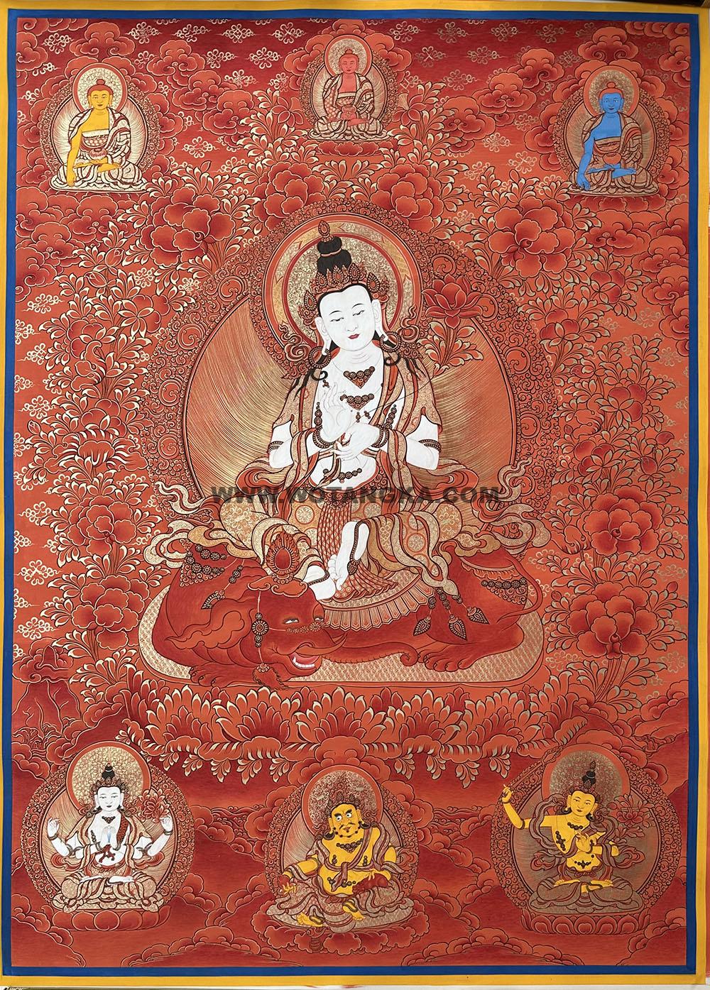 |已结缘·可定制|唐卡寄卖编号:JM·188-411749-普贤菩萨三世佛二菩萨大德供养图(红唐)