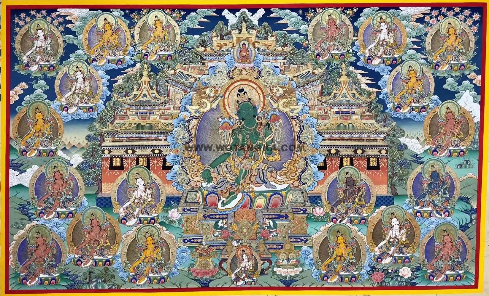 |已结缘·可定制|唐卡寄卖编号:JM·188-611298-绿度母二十一度母尊净土吉祥供养图(彩唐)