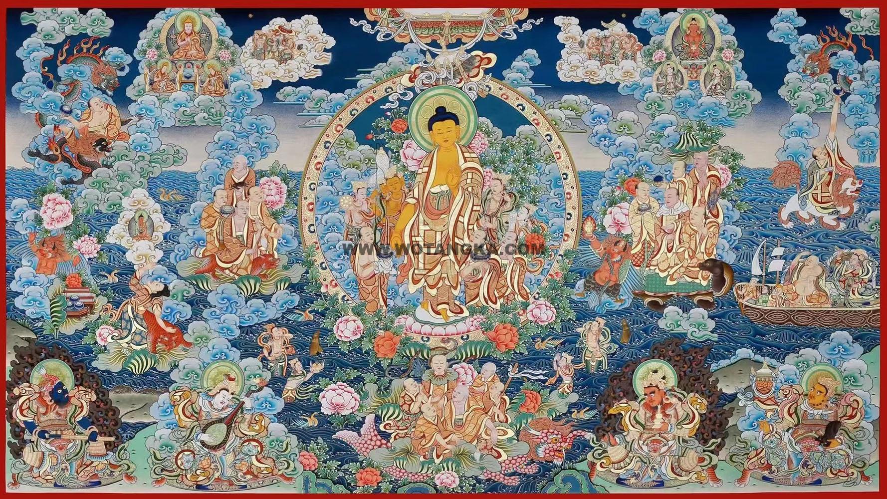 热贡-东智加·画院:彩绘唐卡-释迦牟尼佛·十八罗汉渡海图(150*280CM左右)