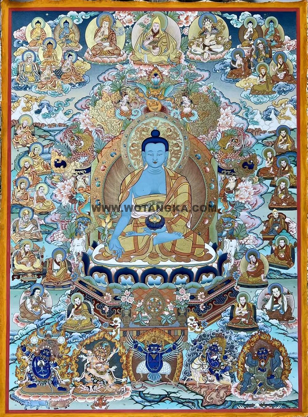 ｜已结缘·可定制｜唐卡寄卖编号：JM·188-673388-药师如来六灵宝座琉璃净土安康养图（彩唐）