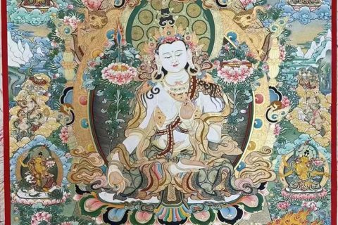 编号188-710339：彩绘唐卡-白文殊菩萨·五部文殊（120*90CM左右）