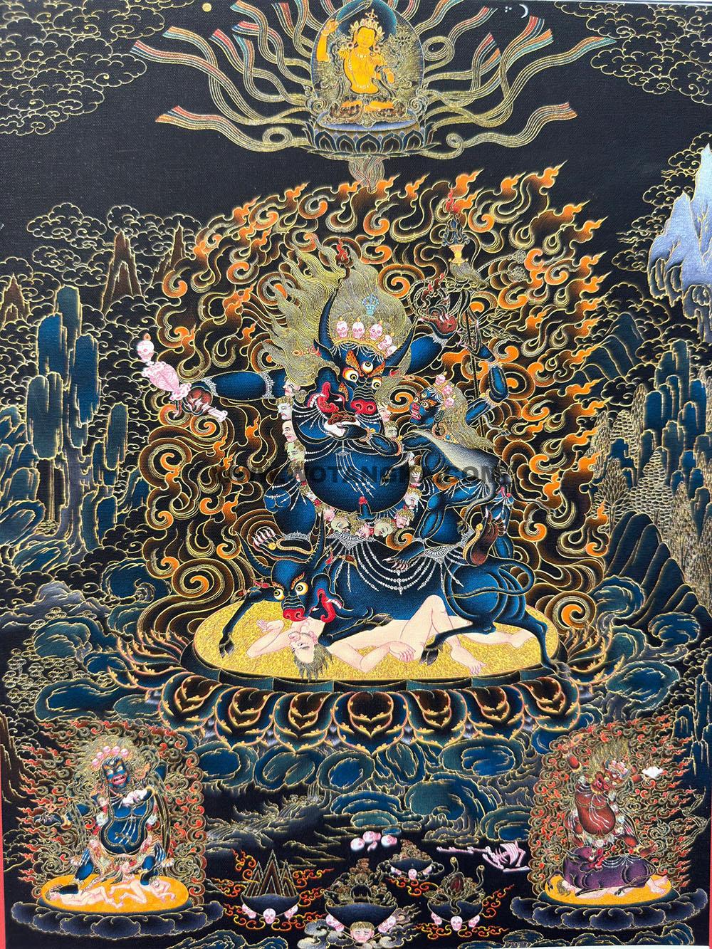 |已结缘·可定制|唐卡寄卖编号:JM·188-783851-阎魔敌三护法吉祥供养图(黑唐)