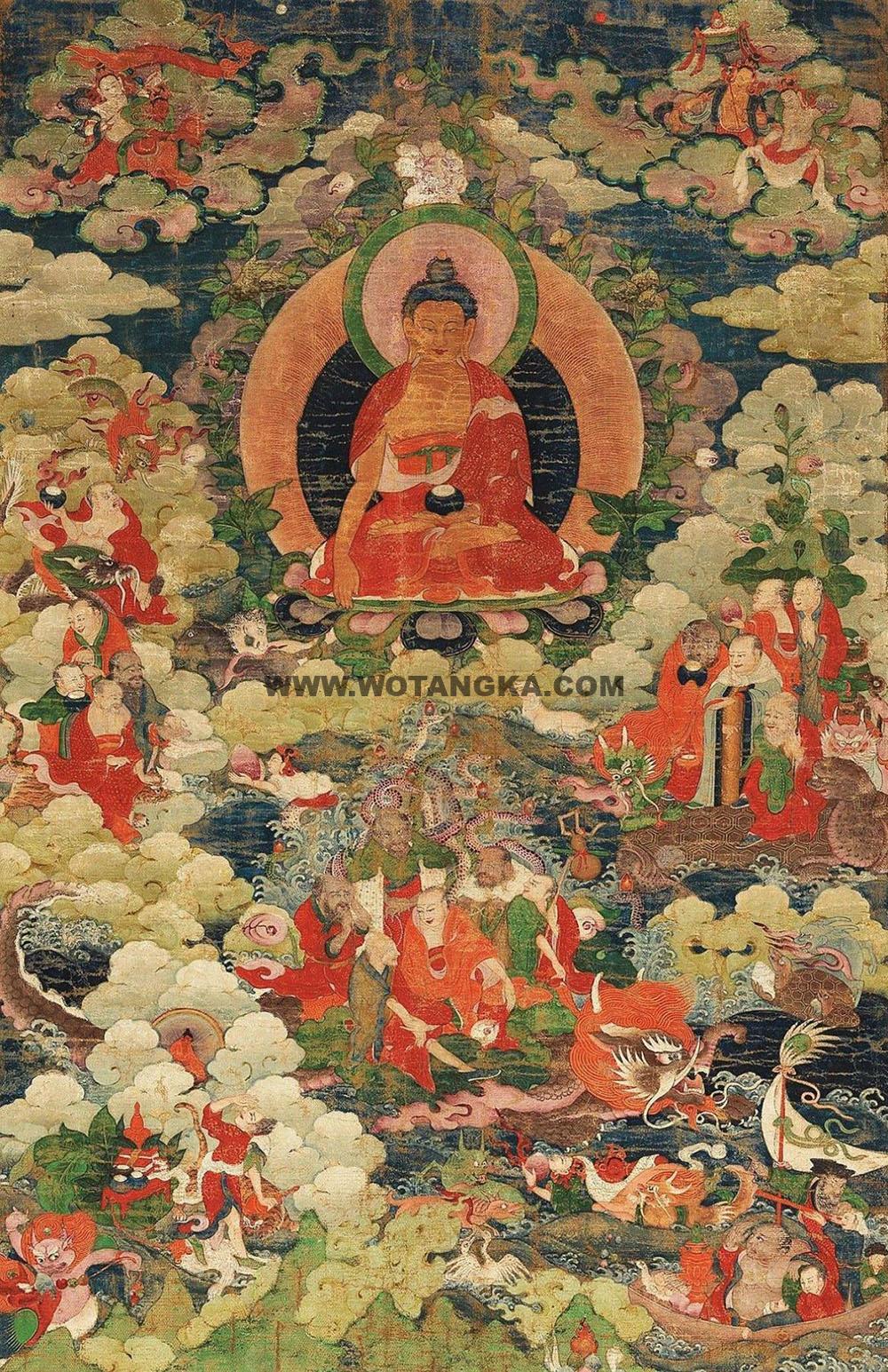 沃唐卡编号AC85721：十八罗汉渡海