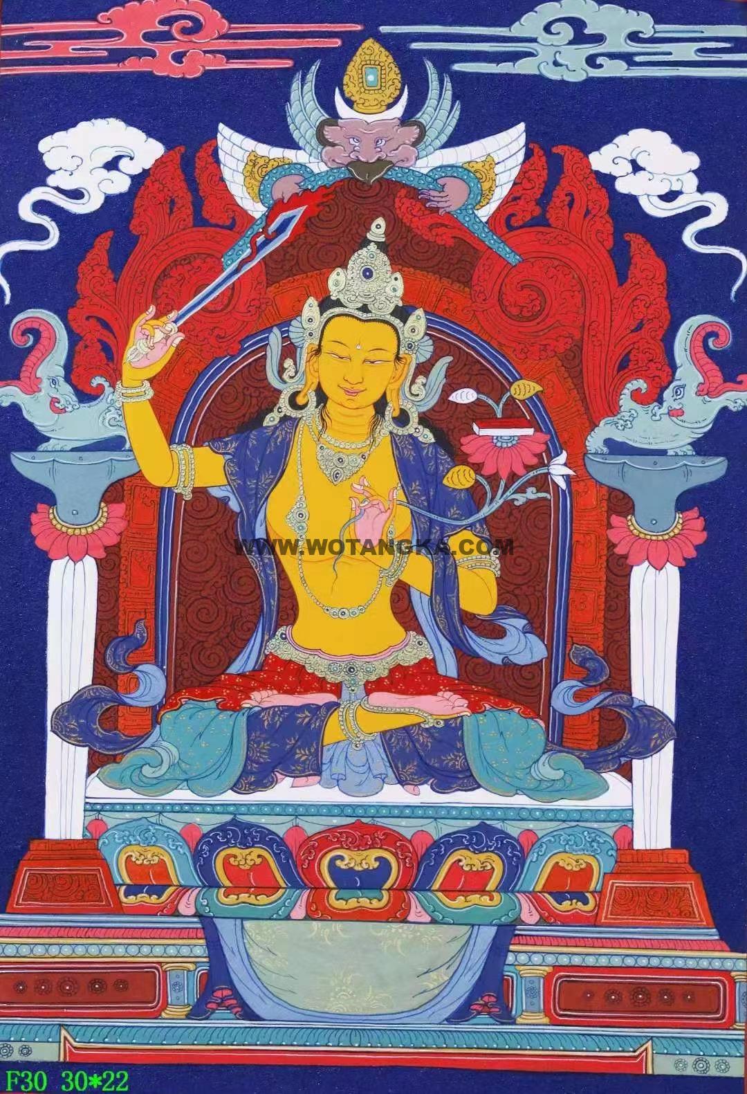 |已结缘·可定制|唐卡寄卖编号:JM·138-377307-文殊菩萨吉祥兽宝座智慧供养图(彩唐)