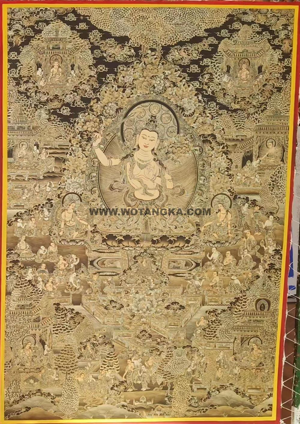 |已结缘·可定制|唐卡寄卖编号:JM·188-382090-文殊菩萨智慧道场说法吉祥供养图(黑唐)