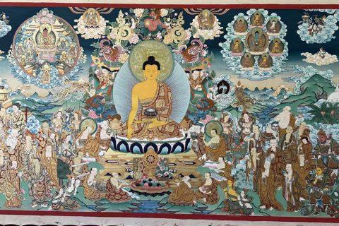 编号188-397481：彩绘唐卡-释迦牟尼佛·十八罗汉说法图（120*300CM左右）