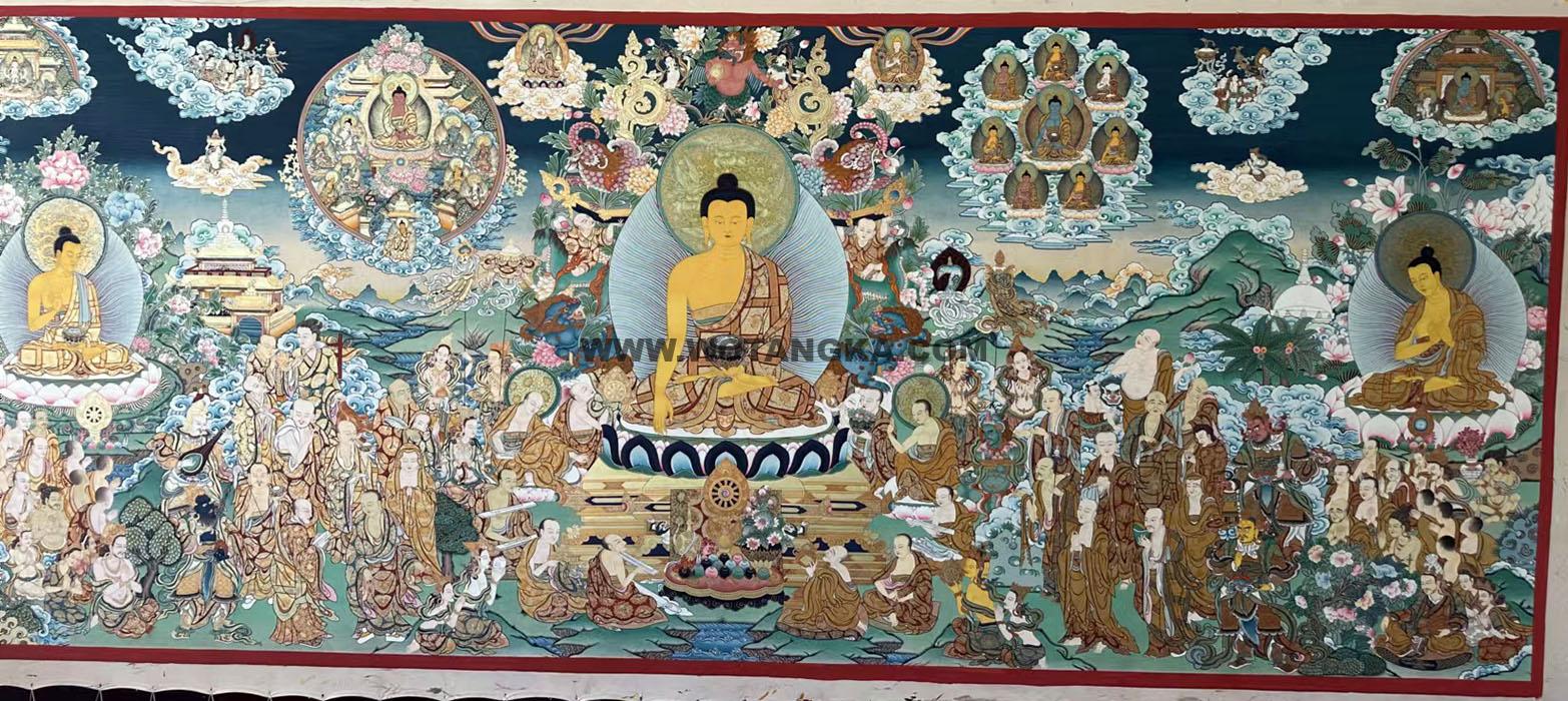 热贡-东智加·画院：彩绘唐卡-释迦牟尼佛·十八罗汉说法图（120*300CM左右）