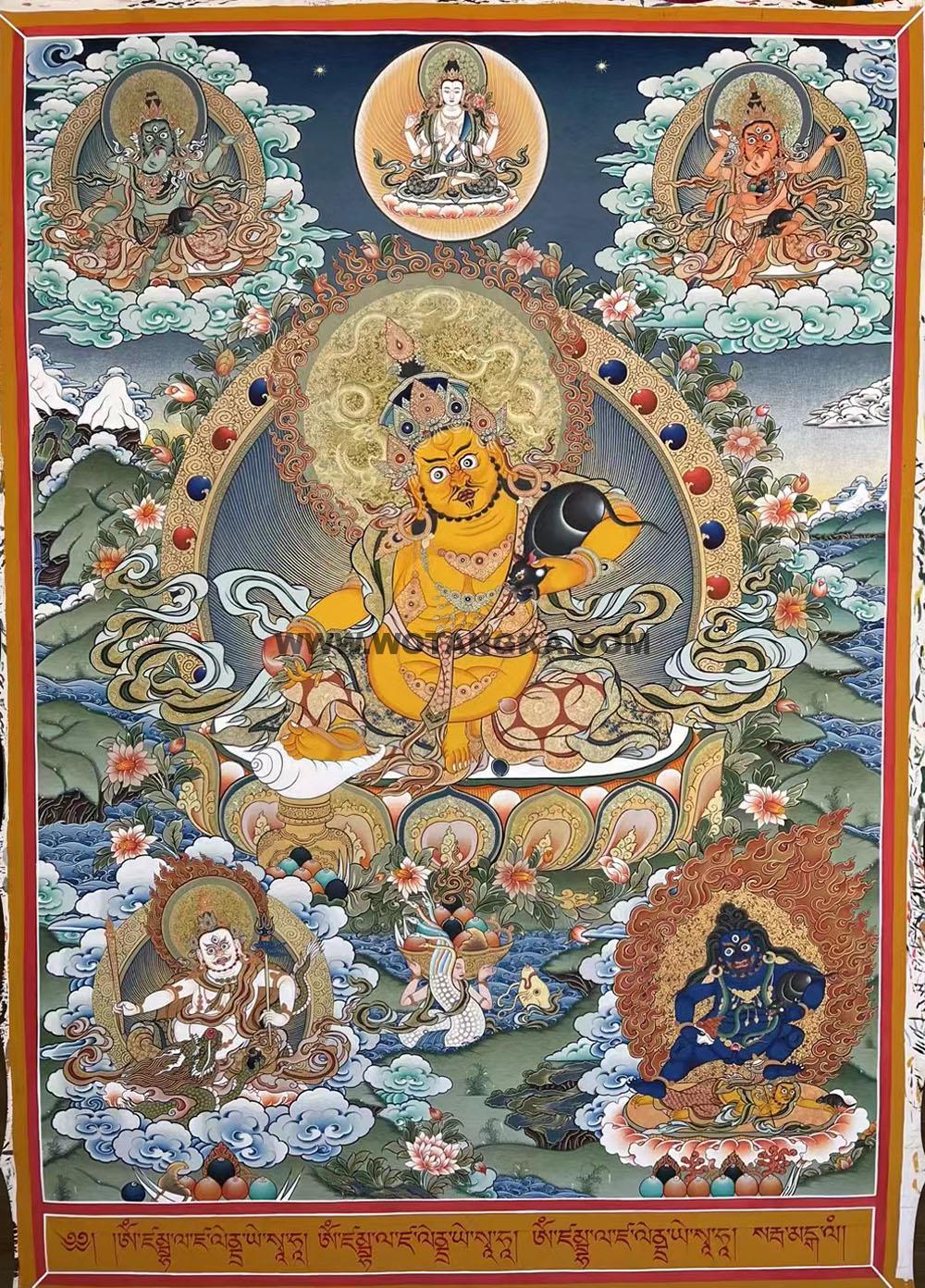 |已结缘·可定制|唐卡寄卖编号:JM·188-401509-黄财神五方财神众龙女献宝平安财富供养图(彩唐)