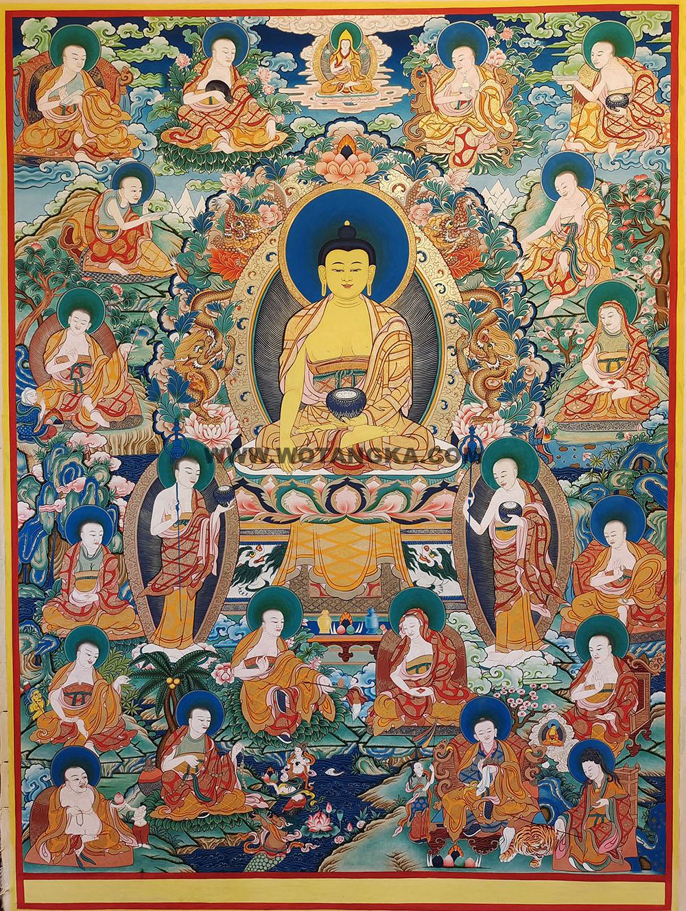 热贡-东智加·画院：彩绘唐卡-释迦牟尼佛·十八罗汉（150*105CM左右）