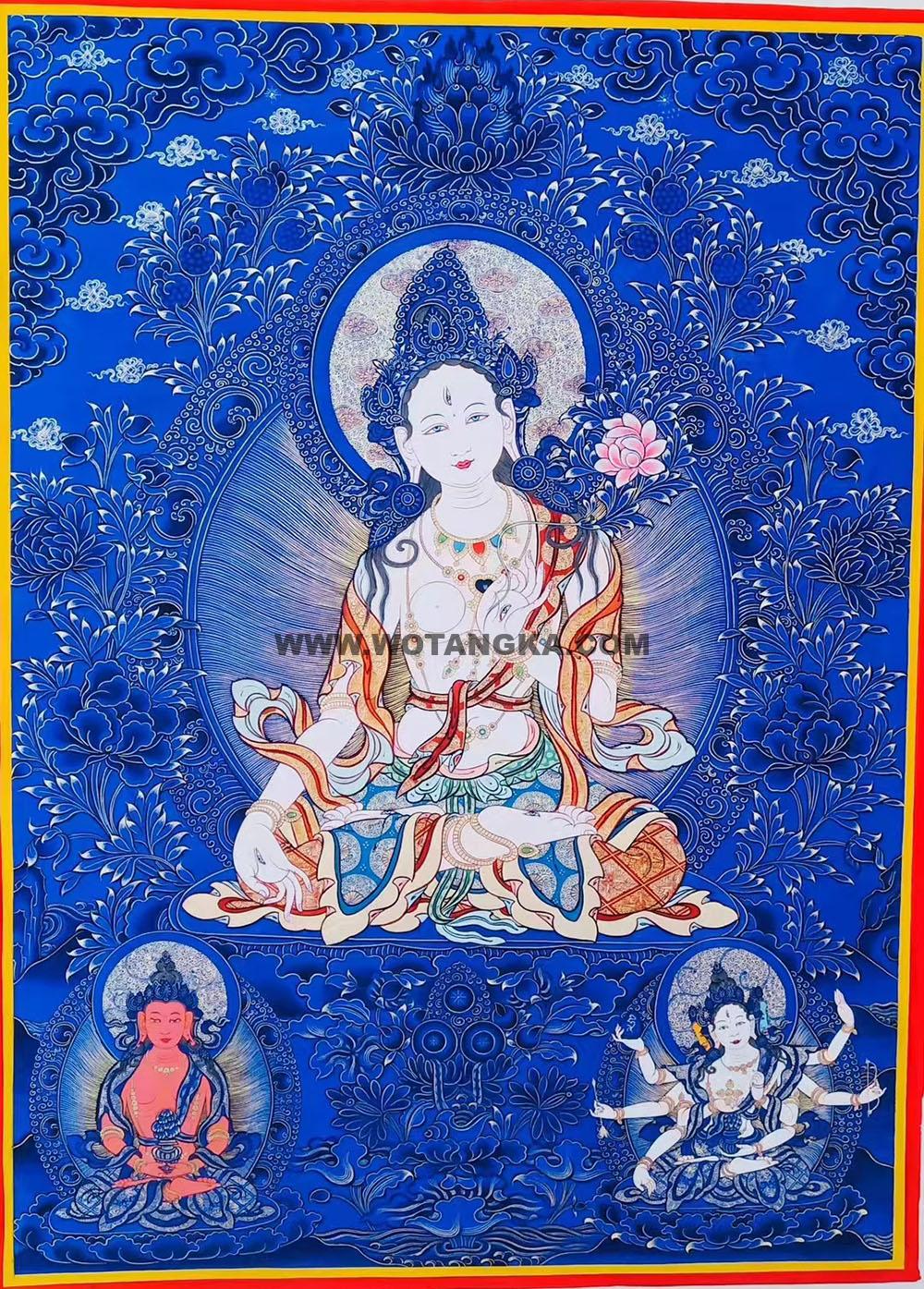 |已结缘·可定制|唐卡寄卖编号:JM·188-443070-白度母长寿三尊吉祥宁静供养图(蓝唐)