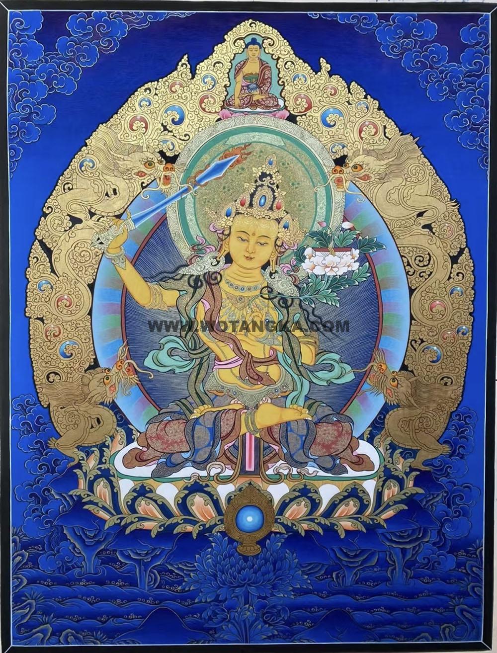 热贡-索南才旦·画院:蓝金唐卡-文殊菩萨(60*45CM左右)