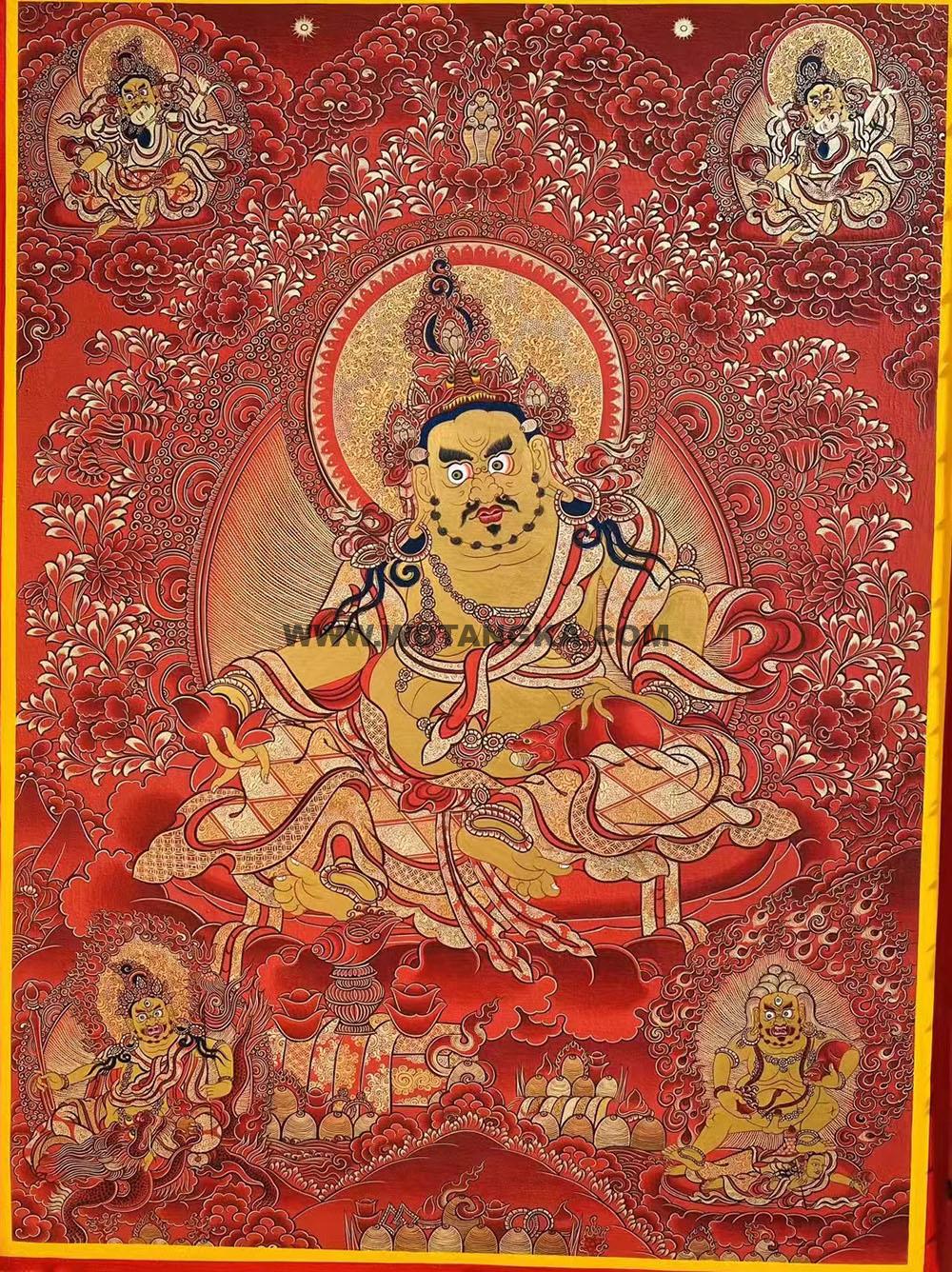 |已结缘·可定制|唐卡寄卖编号:JM·188-562420-黄财神大红莲宝座五方财神财富供养图(红唐)
