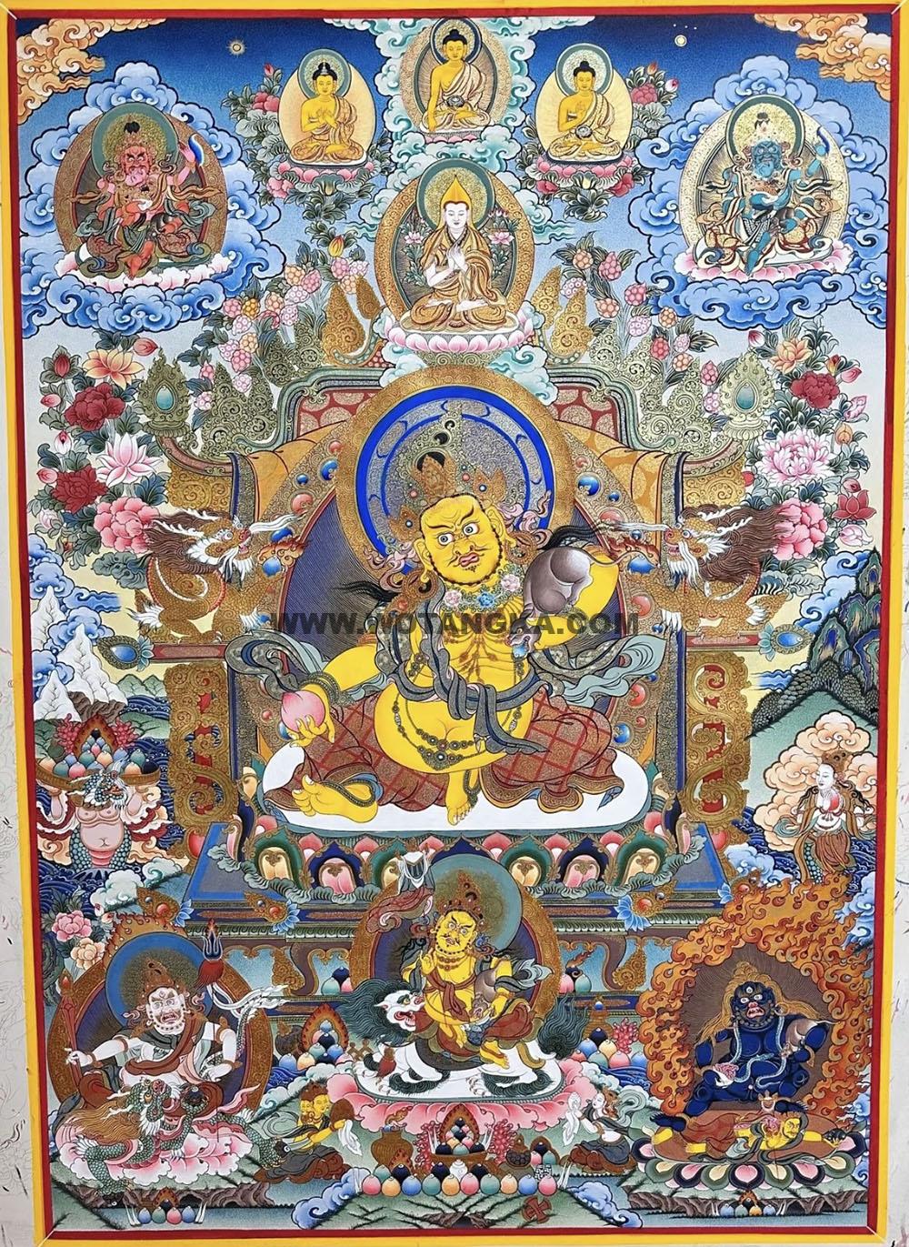 |已结缘·可定制|唐卡寄卖编号:JM·188-570933-黄财神双龙檀座财神众三世佛化现财富供养图(彩唐)
