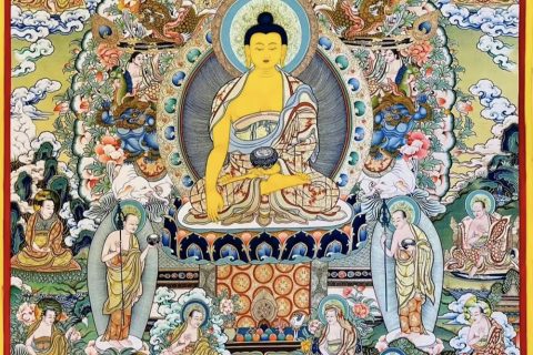 编号188-646715：彩绘唐卡-释迦牟尼佛·十八罗汉·四大天王（120*90CM左右）