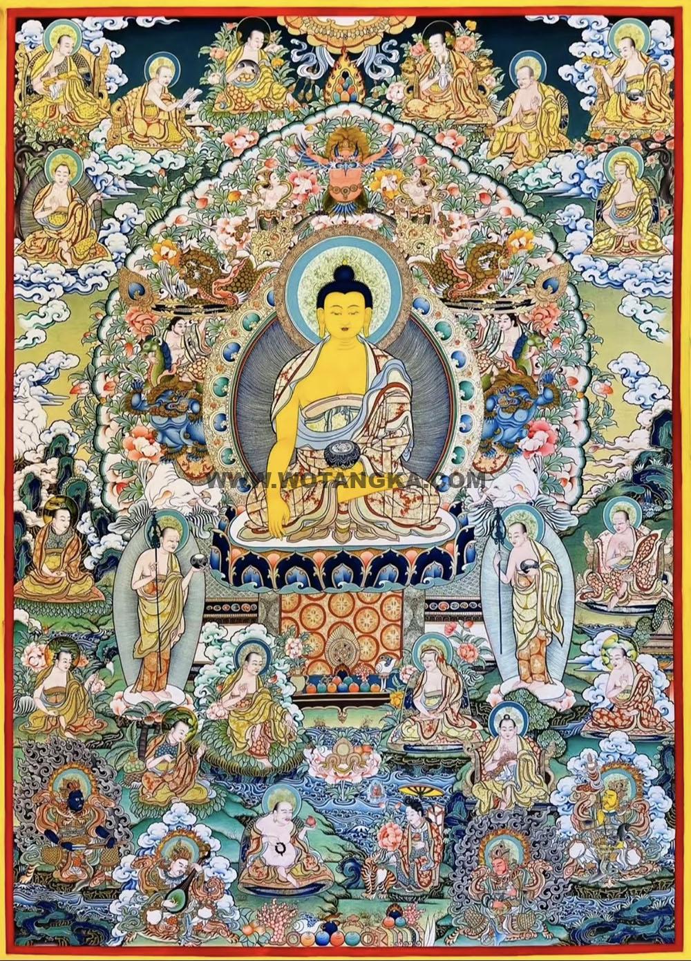 编号188-646715:彩绘唐卡-释迦牟尼佛·十八罗汉·四大天王(120*90CM左右)