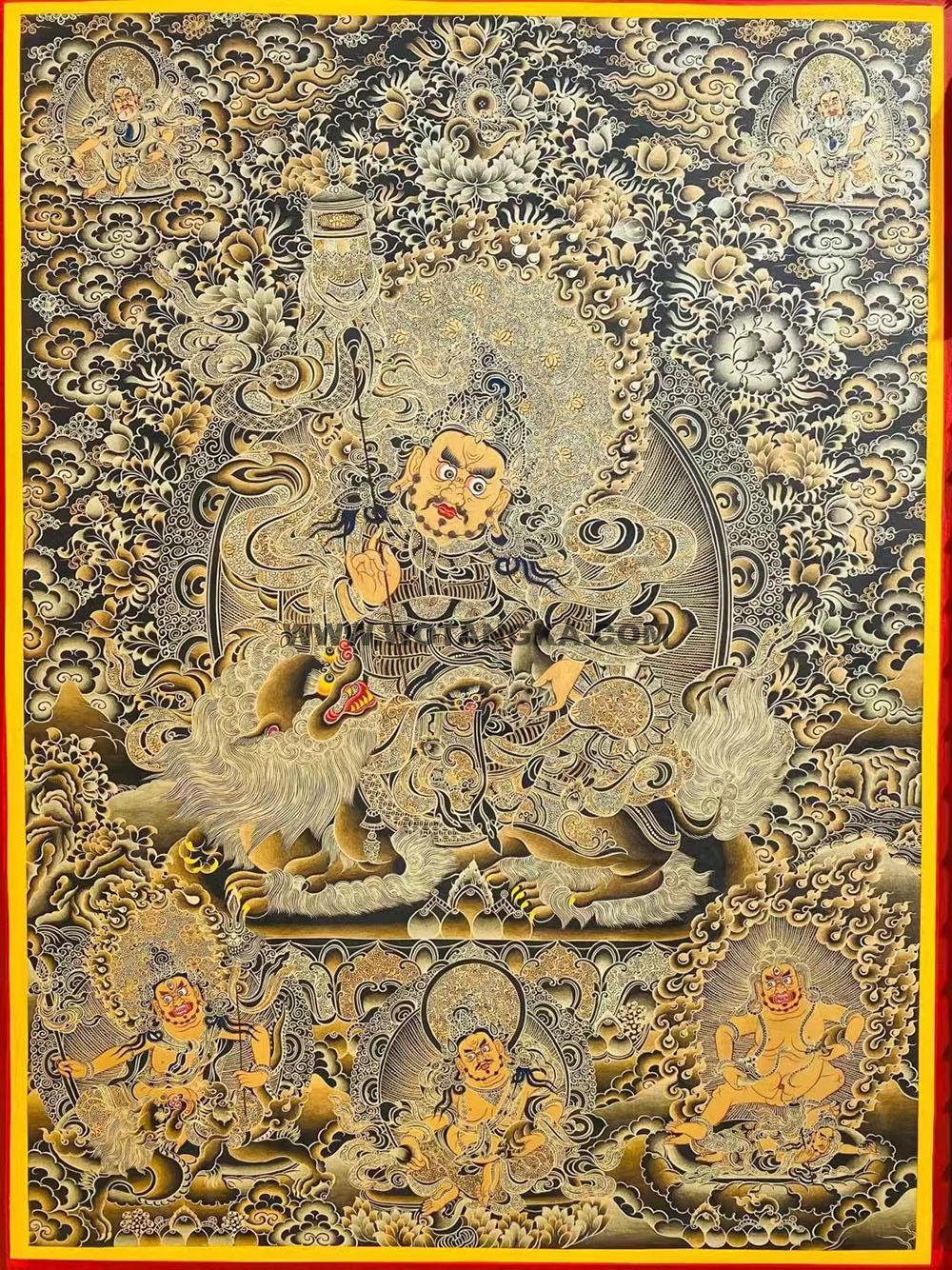 |已结缘·可定制|唐卡寄卖编号:JM·188-654417-财宝天王五色财神众吉祥金光净土财富供养图(黑唐)
