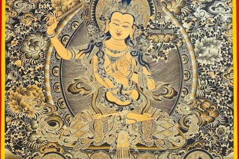 编号188-657289：黑金唐卡-文殊菩萨·五部文殊（100*70CM左右）