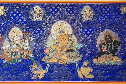 编号188-703860：蓝金唐卡-黄财神·五方财神（120*280CM左右）