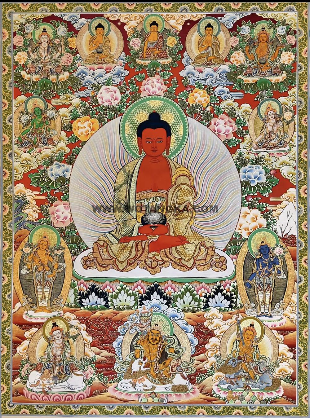 |已结缘·可定制|唐卡寄卖编号:JM·188-741356-阿弥陀佛二菩萨三世佛吉祥净土供养图(彩唐)