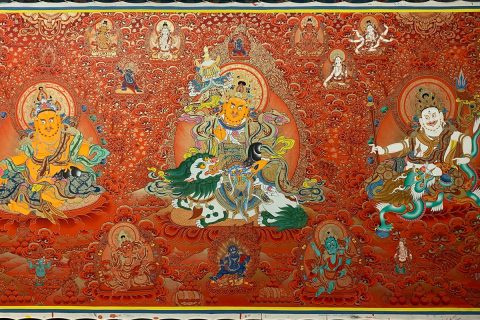 编号188-745280：红金唐卡-财宝天王·五方财神（130*300CM左右）