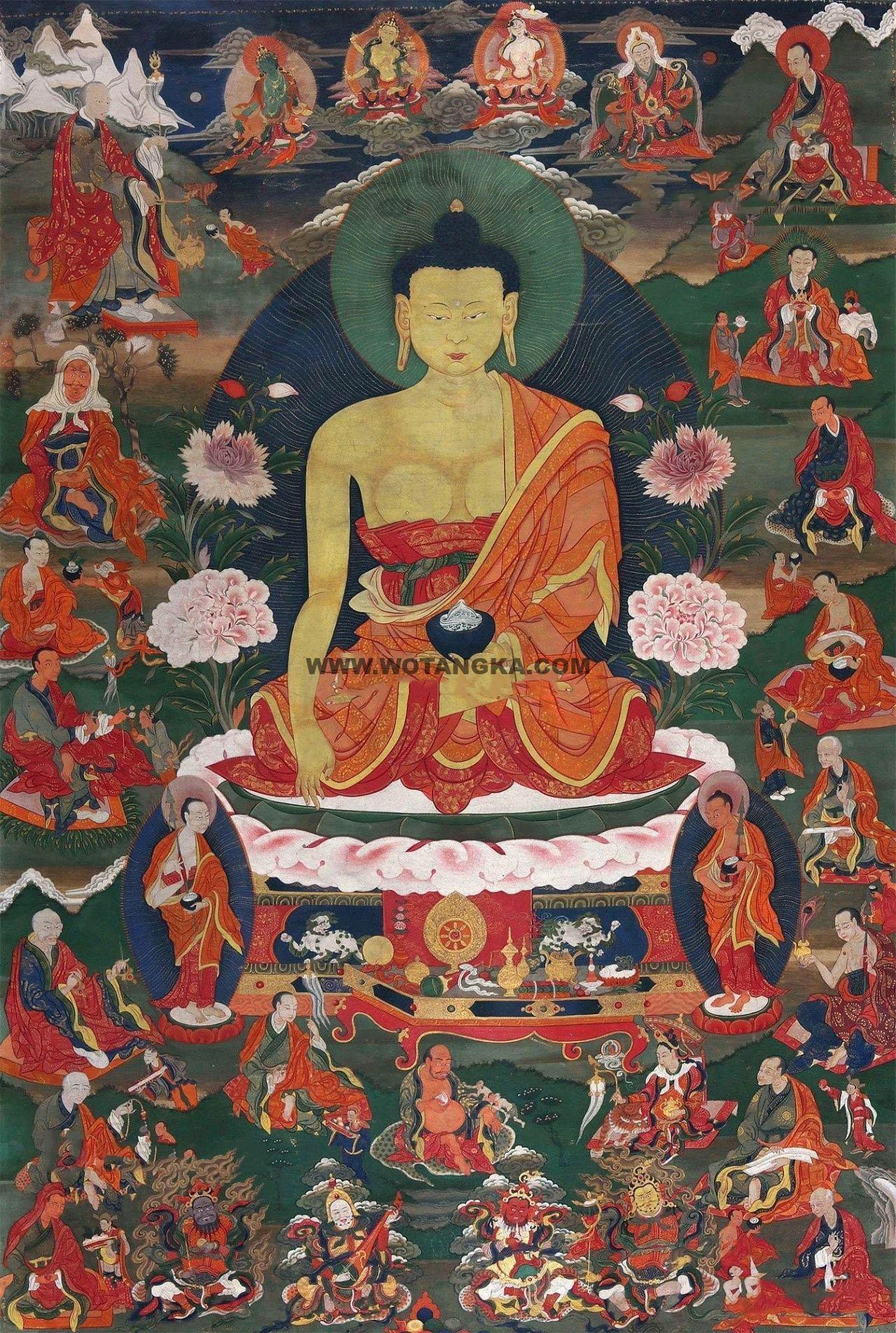沃唐卡编号AC46562：释迦牟尼佛与十八罗汉