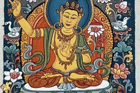 编号118-1580402：彩绘小唐卡-文殊菩萨（长方形·5*4CM左右）