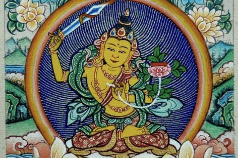 编号118-8167709：彩绘小唐卡-文殊菩萨（长方形·5*4CM左右）