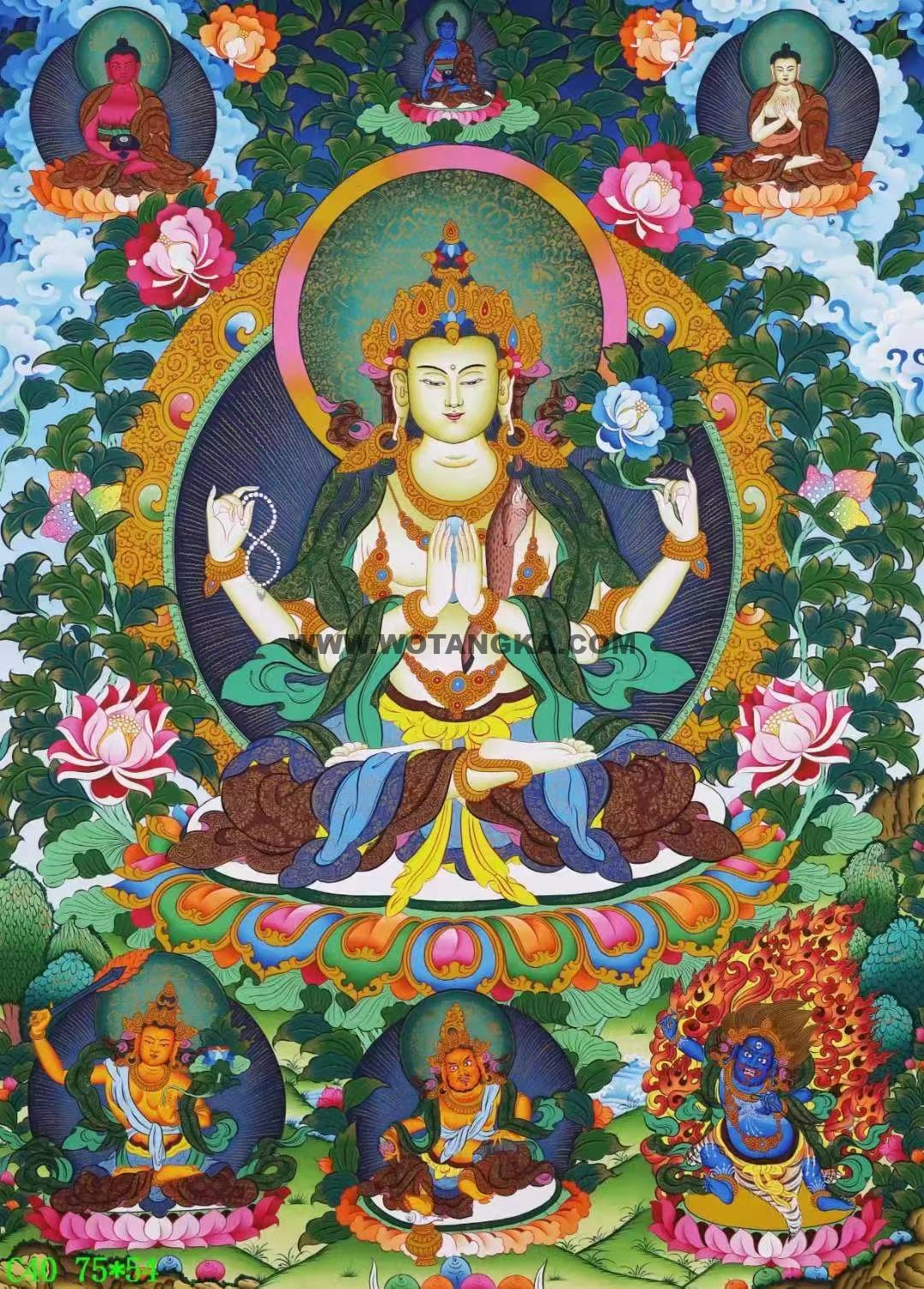 编号138-345939：彩绘唐卡-四臂观音·三怙主（75*54CM左右）