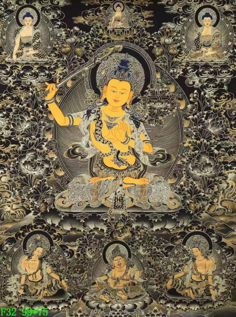 ｜已结缘·可定制｜唐卡寄卖编号：JM·138-381264-文殊菩萨三世佛化现吉祥莲财富供养图（黑唐）