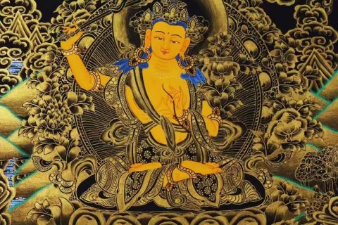 编号138-640514：黑金唐卡-文殊菩萨·三怙主（60*46CM左右）
