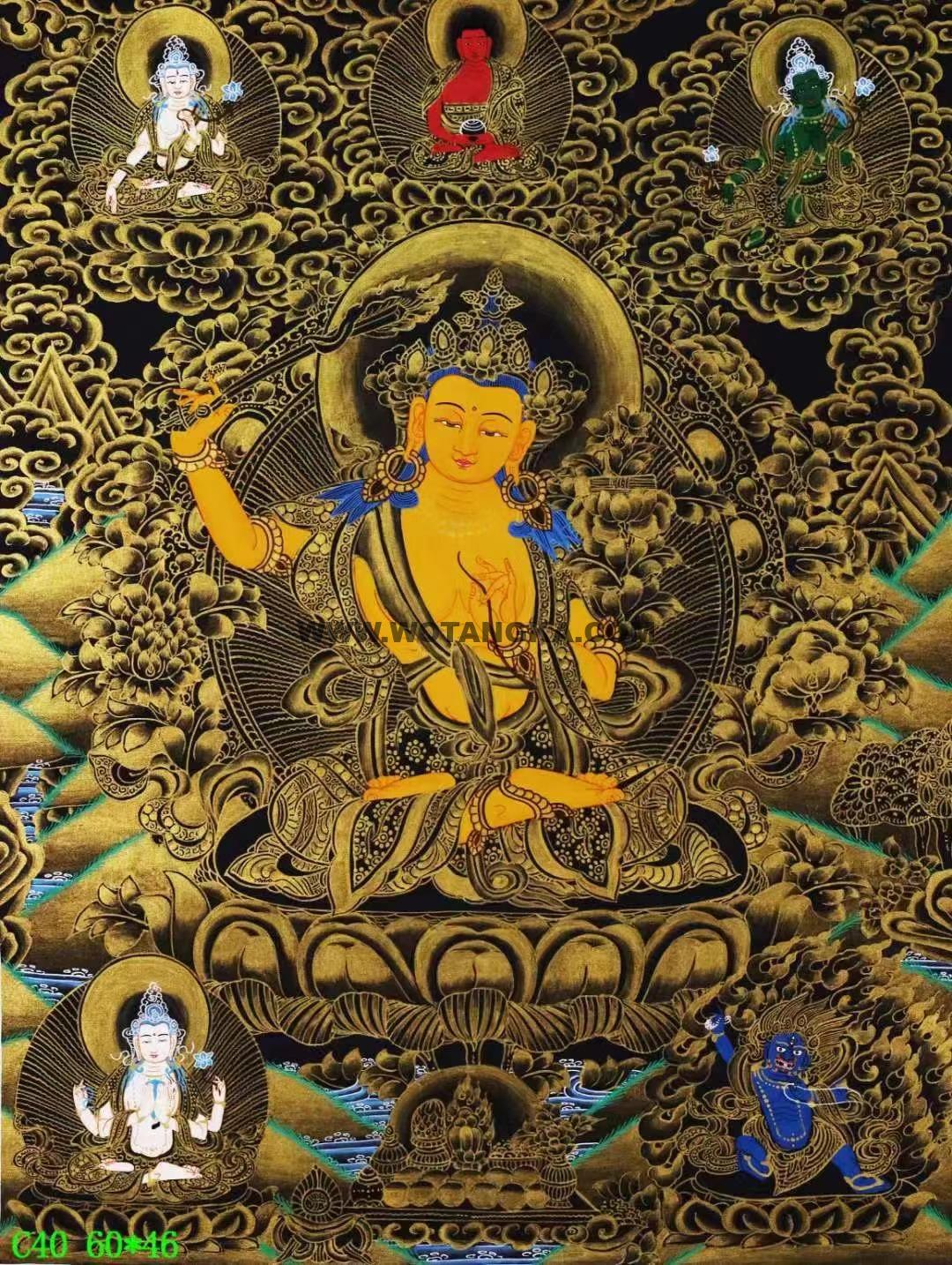 编号138-640514：黑金唐卡-文殊菩萨·三怙主（60*46CM左右）