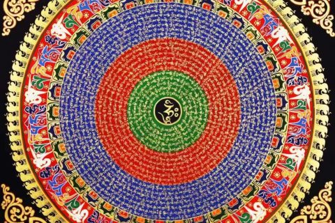 编号138-730305：彩绘唐卡-六字真言坛城（70*70CM左右）
