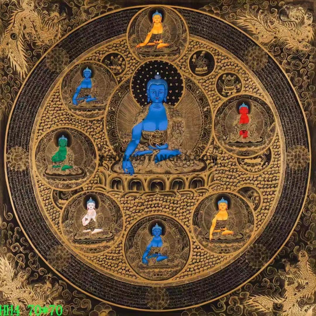 编号138-854339：黑金唐卡-药师佛·药师八佛坛城（70*70CM左右）