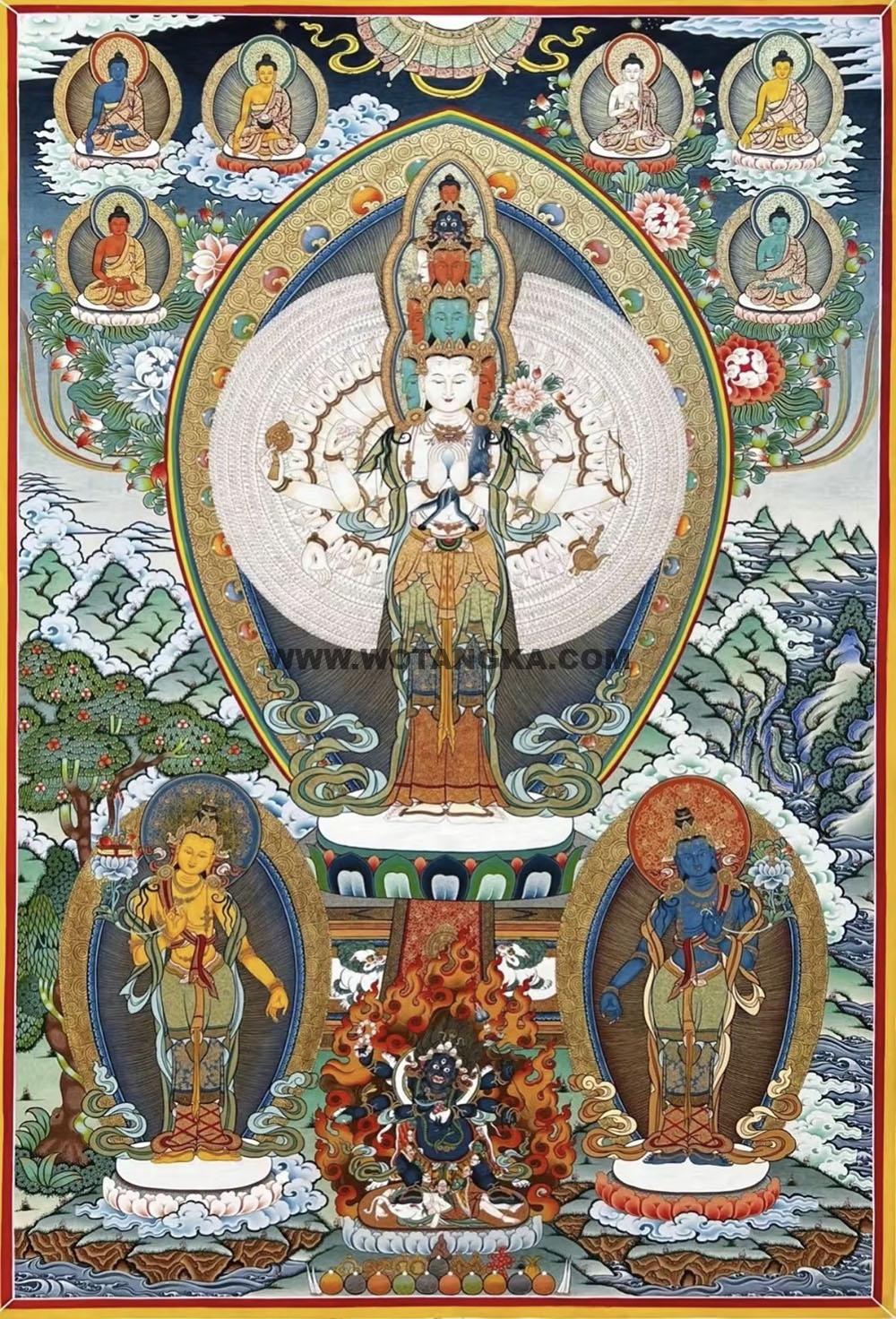 编号188-778507：彩绘唐卡-千手观音·三怙主（100*70CM左右）